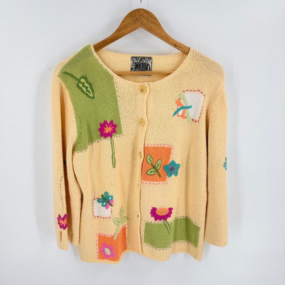 Vintage 90s Knit Curio Cardigan Sweater Yellow Large Embroidered Patchwork